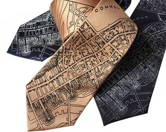 Boston Map Printed Necktie. 1814 vintage map print men's silkscreen tie. Vintage Boston map print. Cartographer gift, city planner gift.