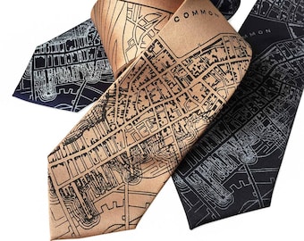 Boston Map Printed Necktie. 1814 vintage map print men's silkscreen tie. Vintage Boston map print. Cartographer gift, city planner gift.