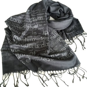 Book Lover Scarf. Lorem Ipsum book print scarf. Cicero Latin text. Silkscreen bamboo pashmina. Graphic designer, publisher, copy editor gift