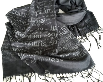 Book Lover Scarf. Lorem Ipsum book print scarf. Cicero Latin text. Silkscreen bamboo pashmina. Graphic designer, publisher, copy editor gift