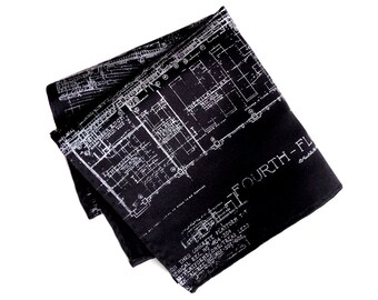 Blueprint pocket square. Architectural print hanky. Cass Tech Detroit High School blueprint. Your choice of navy blue, cream, and more!