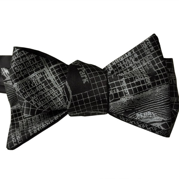 New Orleans Map Bow Tie, self tie bow tie. NOLA, City of New Orleans, Louisiana, Mardi Gras, New Orleans wedding, mens bow tie. Black tie
