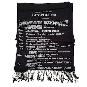 Book Scarf. Literary scarf. Dewey Decimal Literature library classification. Silkscreened linen weave pashmina. Choose silver, black & more. image 2