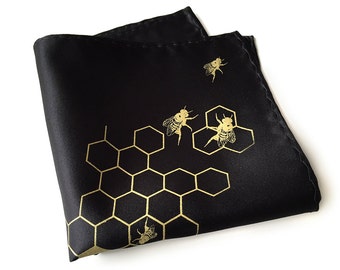 Bee pocket square, Bee Hive pocket square. Honey Bees, bee gifts, honeycomb men's hanky. Beekeeping, apiary gift, bee theme wedding
