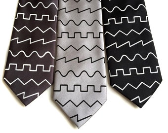 Oscillator waves necktie. Square, saw, triangle & sine wave print men's tie. Synthesizer, electronic audio engineer, music producer gift.