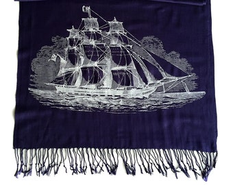 Clipper Ship Printed Scarf. Nautical Print Scarf. Boating, sailing silkscreen print. Linen weave pashmina. Choose navy blue, cream & more!