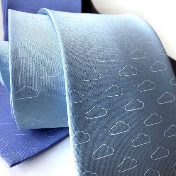 Cloud Necktie. Tiny cloud print tie, cloud computing, IT guy, partly cloudy mens tie. Gift for meteorologist, weather buff, Bob Ross fan