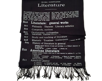 Printed Book Scarf. Literary print scarf. Dewey Decimal Library. Silkscreened linen weave literature pashmina. Black, silver & more.