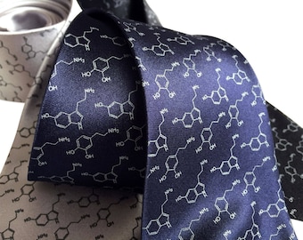 Serotonin & Dopamine Necktie, Molecule print tie. Happiness Molecules Men's Silk Tie. Gift for science teacher, psychologist, chemist gift.