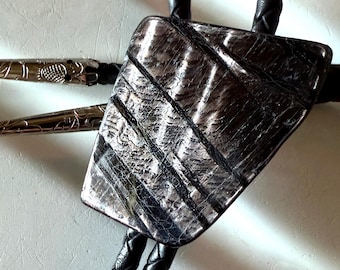 Dark Silver Sheen Stone Bolo Tie - Hypersthene Bola. Alternative Black Tie Wedding, Modern Western Groom Style