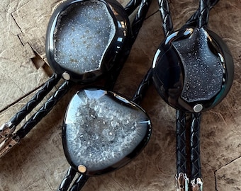 Black Agate Druzy Bolo Tie — Large Polished Vintage Cabochon (WYSIWYG!) Alternative Black Tie, Western Formal, Southwest Style Men, Texas