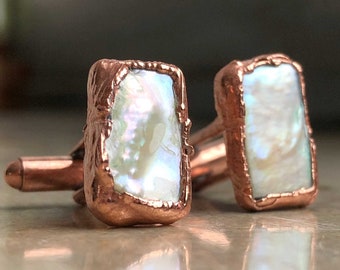 Pearl Cufflinks. Electroformed copper cufflinks. Freshwater pearls. June birthstone men, grooms wedding cufflinks; 3rd Anniversary gift men