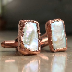 Pearl Cufflinks. Electroformed copper cufflinks. Freshwater pearls. June birthstone men, grooms wedding cufflinks; 3rd Anniversary gift men