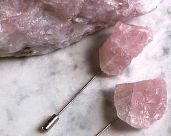 Rose Quartz Lapel Pin, pink raw stone stick pin. Boutonniere, stone brooch, hat pin, rock crystal lapel pin, groom lapel pin, rockhound gift