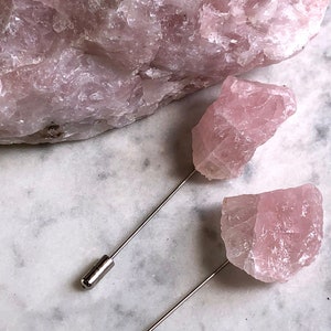 Rose Quartz Lapel Pin, pink raw stone stick pin. Boutonniere, stone brooch, hat pin, rock crystal lapel pin, groom lapel pin, rockhound gift