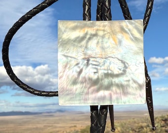 Square Mother of Pearl Bolo Tie. Boho groom jewelry, handmade western necktie, southwest cowboy style, rockabilly fashion