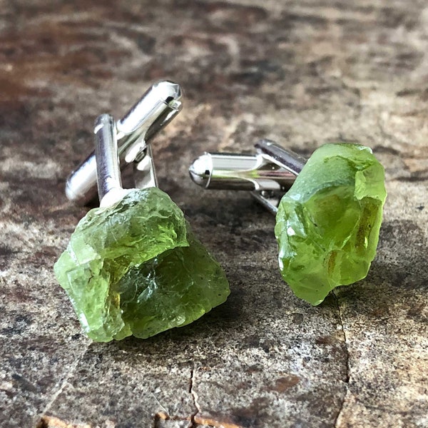 Peridot Cufflinks. Gemstone, raw stone cuff links. Gift for husband, August birthstone men, August birthday gift men. Green wedding accent