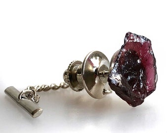 Garnet Tie Tack, Rhodolite Garnet Crystal Tie Pin. Raw stone, wedding tie tack, 2nd anniversary gift for men. January birthstone, husband