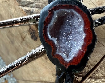 Red Tabasco Geode Bolo Tie — Rare Agate & Amethyst from Mexico (WYSIWYG) - Western fashion, alternative gothic black tie, lariat necklace