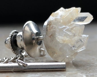 Quartz Crystal Cluster Tie Tack, raw quartz tie pin. Arkansas USA ethically sourced stone, April birthstone tie tack, Geologist gift husband