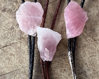 Rose Quartz Bolo Tie. Large pink gemstone slice western leather string bola - for men or women. Cowboy style, southwest fashion