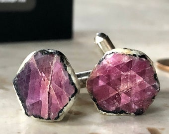 Raw Ruby Cufflinks. Mozambique Ruby in Matrix, Pink Sapphire French Cuff Cufflinks, Corundum Crystal hexagon stone cufflinks July birthstone