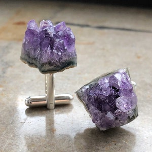 Amethyst Crystal Cufflinks. Amethyst Geode Slices, raw stone cufflinks, purple wedding cufflinks. February birthday gift for him, husband image 5