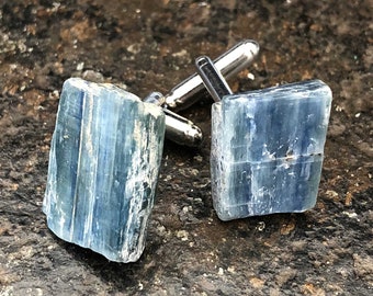 Blue Kyanite Cufflinks. Something blue, gift for him. Raw stone cufflinks, men's wedding cuff links. Father of the Bride, best man gift