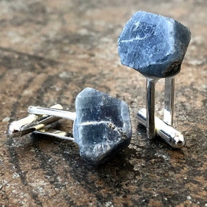 Raw sapphire cufflinks. Rough gemstones  attached to silver-tone bullet-back cufflink hardware for French cuffs.