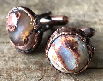 Opal Cufflinks. Precious fire opal gemstone cuff links, electroformed copper. October birthstone, luxury mens gift. Wedding cufflinks, groom