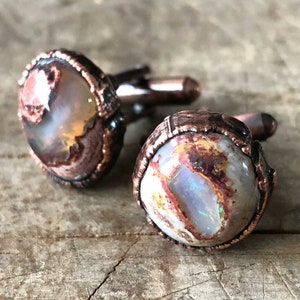 Opal Cufflinks. Precious fire opal gemstone cuff links, electroformed copper. October birthstone, luxury mens gift. Wedding cufflinks, groom