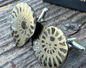 IJzerpyriet manchetknopen. ZELDZAME ammonietfossiele handgemaakte manchetknopen van Fool's Gold-steen. Vaderdag, cadeau voor vader, bruidegom: voorspoed, rijkdom