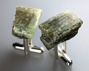 Green Kyanite Cufflinks. Polished, raw stone cuff links. Pale green, moss green wedding, grooms cufflinks. Husband gift, Taurus birthday men