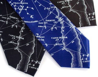 Galaxy necktie. Night sky constellation print tie. Men's celestial, star chart tie. Ice blue print. Your choice of tie colors.