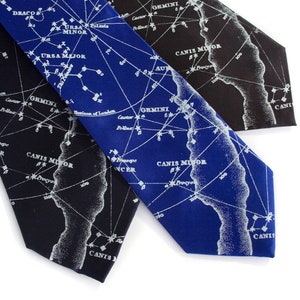 Galaxy necktie. Night sky constellation print tie. Men's celestial, star chart tie. Ice blue print. Your choice of tie colors.