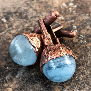 Aquamarine Cufflinks, Something blue! Electroformed copper & aquamarine spheres, march birthstone. Mens wedding cufflinks, gift for groom