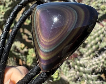 Rainbow Obsidian Bolo Tie – Iridescent Gemstone Necklace for Men or Women, Gothic Wedding Groom Gift, Collector Stone Jewelry. Unique Bola