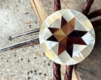 Mother of Pearl Bolo Tie. Lone Star statement bola, Rockabilly style, Cottagecore accessories, handmade western leather necklace