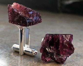 Garnet Cuff Links, Rhodolite Garnet Crystal Cufflinks. Wedding gift for him; 2nd anniversary gift for men. Raw stone, gemstone cufflinks