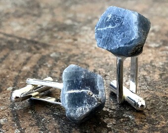 Raw Sapphire Cufflinks. Something blue, raw corundum, rough stone, grooms cufflinks. September birthstone men, husband gift, 5th Anniversary