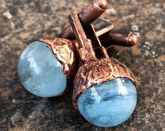 Aquamarine Cufflinks, Something blue! Electroformed copper & aquamarine spheres, march birthstone. Mens wedding cufflinks, gift for groom