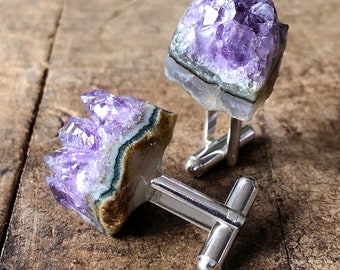 Amethyst Crystal Cufflinks. Amethyst Geode Slices, raw stone cufflinks, purple wedding cufflinks. February birthday gift for him, husband