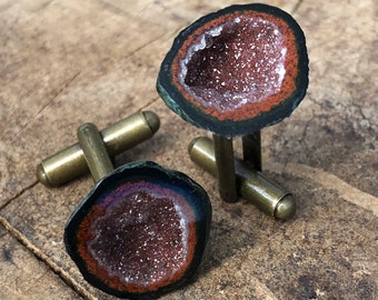 Red Tabasco Geode Cufflinks – Rare Amethyst with Hematite & Moss Agate, Cufflink Collector Gift for Him. February birthstone men's cufflinks