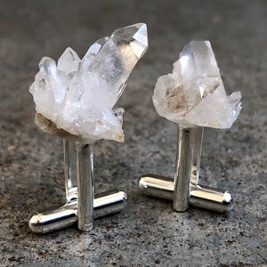 Quartz Crystal Cufflinks. Arkansas quartz clusters, USA ethically sourced crystals, raw stone cufflinks. April birthstone men, husband gift
