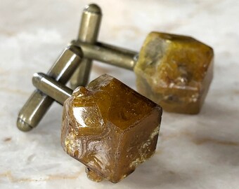 Golden Yellow-Green Mali Garnet Cufflinks. Chartreuse Garnets, 2nd anniversary men, garnet collector gift, African wedding, geometric groom