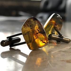Puede incluir: Un par de gemelos con piedras de ámbar engastadas en metal plateado. Las piedras de ámbar son de un color miel cálido con motas de oro y marrón.