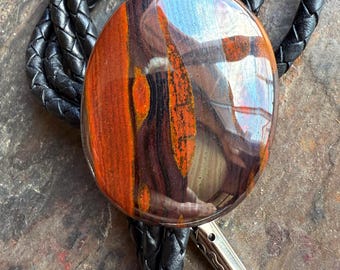 Tiger Iron Bolo Tie, Large Oval Western Bola. Mirror-Polished Banded Iron Formation, Australia Gemstone - Red Jasper, Hematite & Tiger's Eye