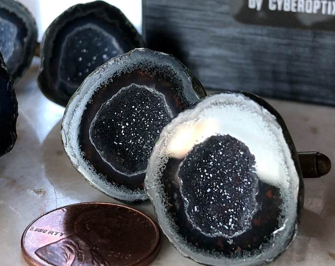 Black Agate Geode Cufflinks, Amethyst Druzy Tabasco Geodes. Black cufflinks, goth fashion for men, gothic wedding, cufflink collector, groom