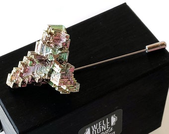 Bismuth Lapel Pin, gemstone stick pin. Bismuth stone brooch, Boutonniere, crystal hat pin, wedding lapel pin, geology gift, nerd wedding