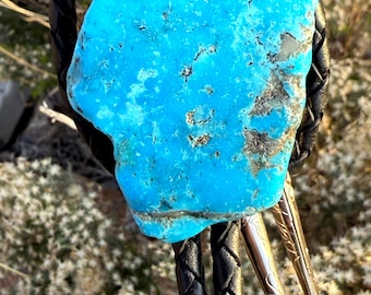 Turquoise Nugget Bolo Tie, XL Authentic Kingman Blue Stone Bola. Leather, Cowboy Western Fashion